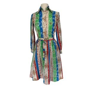 Vintage Howard Wolf 70s Batik Floral Stripe Shirt Dress Midi Belted Green Blue 8